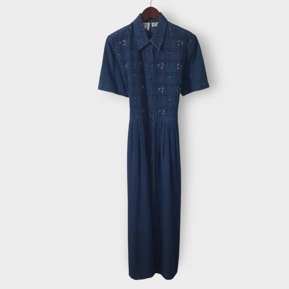 karin stevens Dresses & Skirts - Karin Stevens Denim Floral Embroidered Button Maxi Dress Sz 12 Cottage Grandma